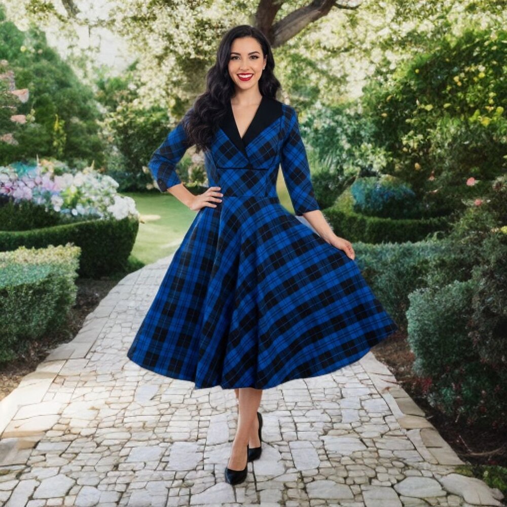 Unique Vintage Plaid Fit & Flare Midi Dress Retro Swing Wiggle Pockets Stretch